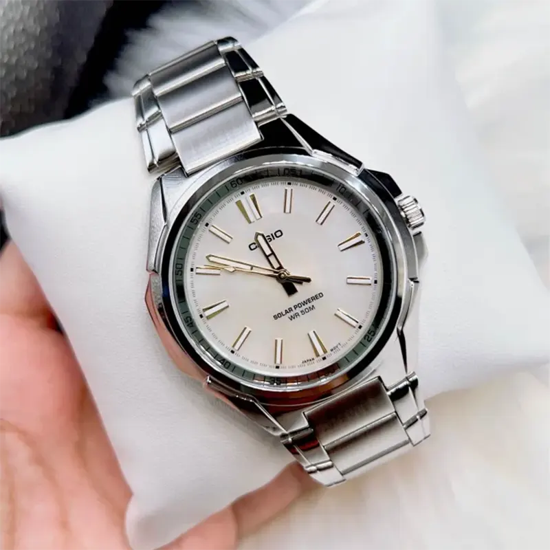 Casio Enticer Solar powered White Marble Men's Watch- MTP-RS100S-7AV